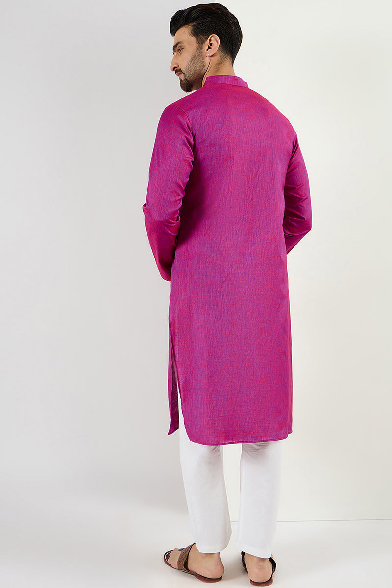 Men Pink Cotton Solid Woven Design Straight Kurta