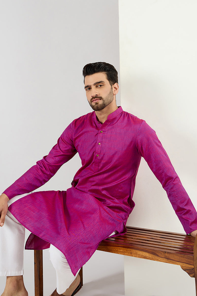 Men Pink Cotton Solid Woven Design Straight Kurta
