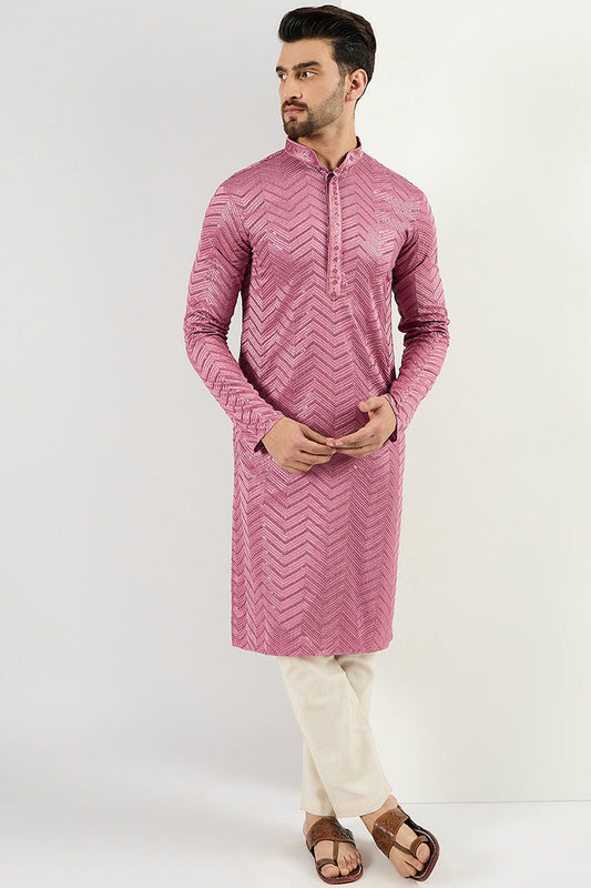pink viscose rayon solid embroidered straight kurta for men