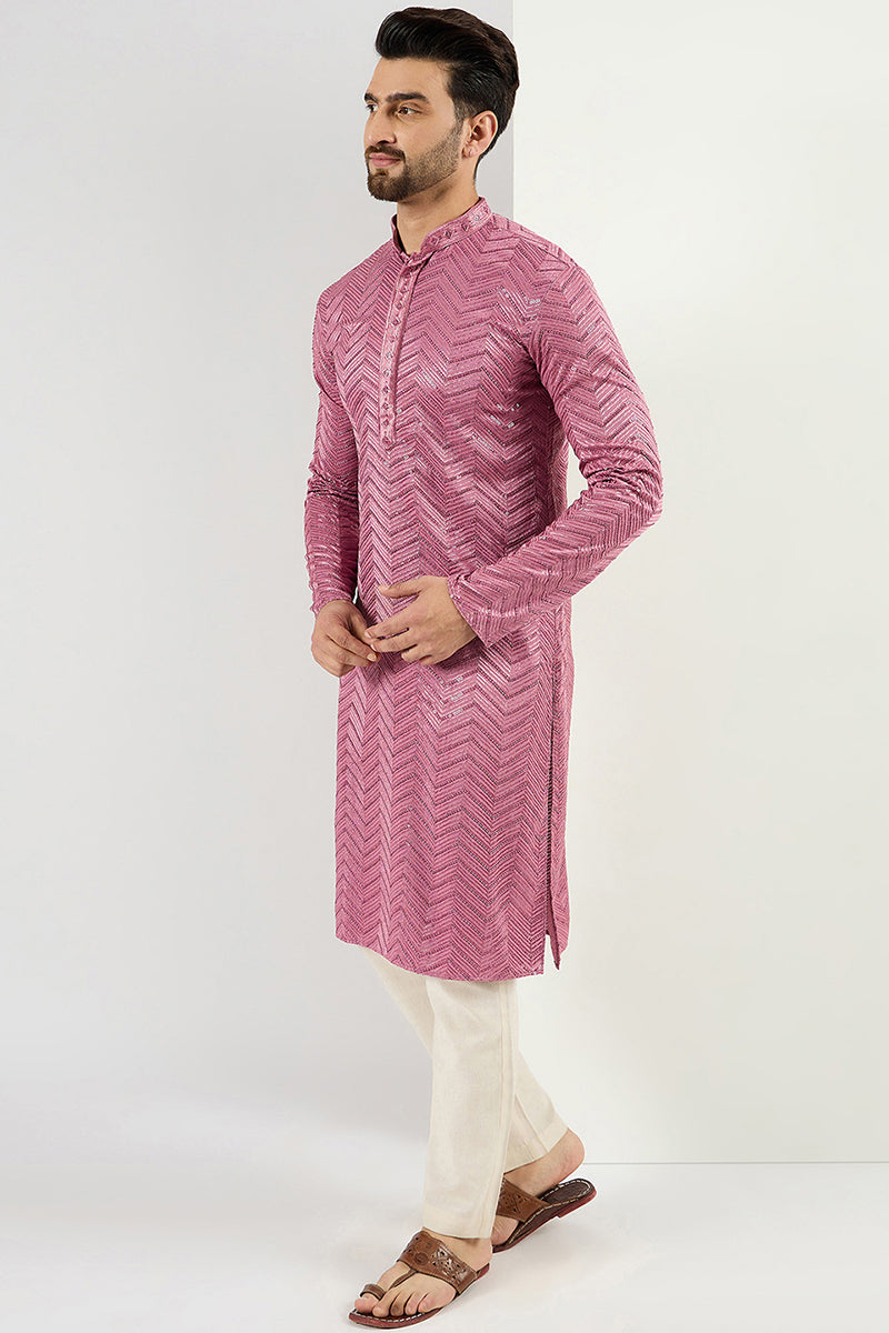 pink viscose rayon solid embroidered straight kurta for men