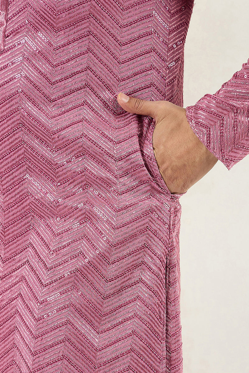 pink viscose rayon solid embroidered straight kurta for men