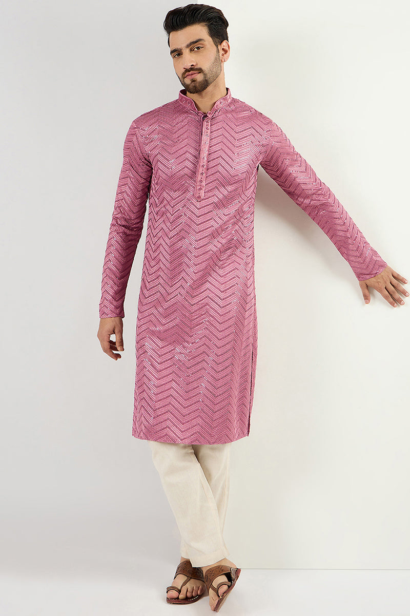 pink viscose rayon solid embroidered straight kurta for men