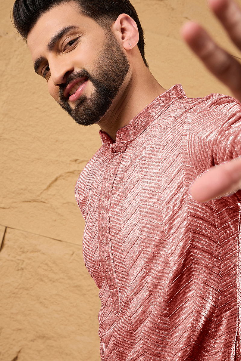 peach viscose rayon solid embroidered straight kurta for men