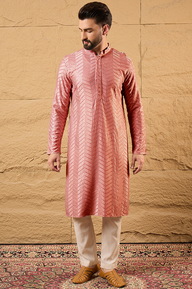 peach viscose rayon solid embroidered straight kurta for men