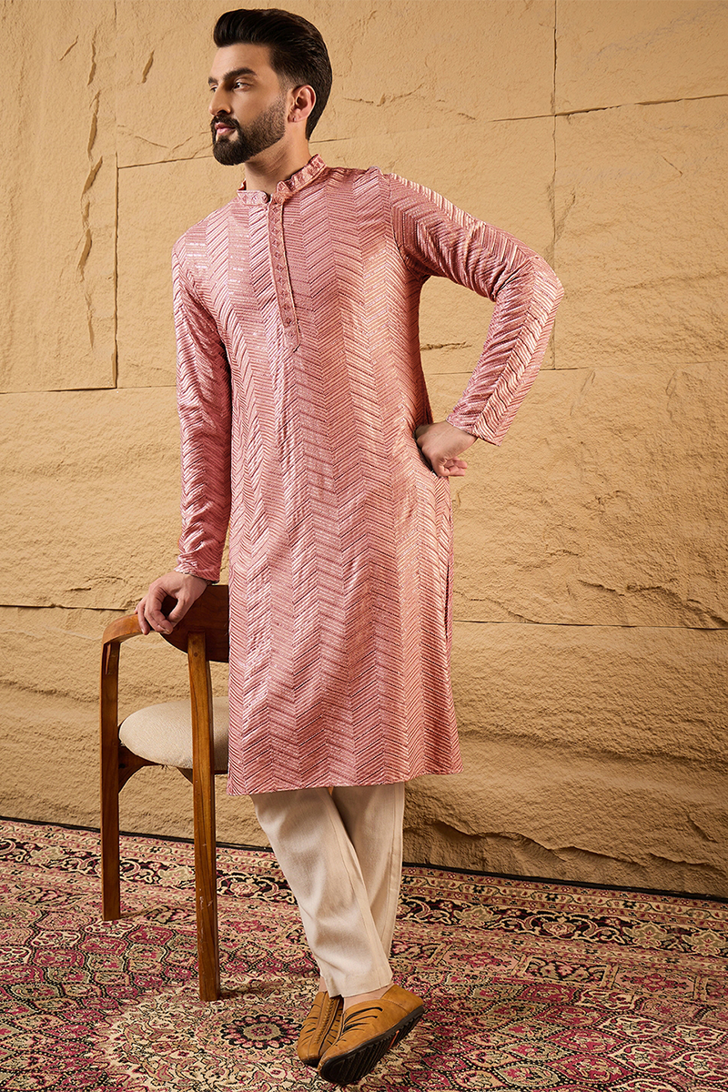 peach viscose rayon solid embroidered straight kurta for men