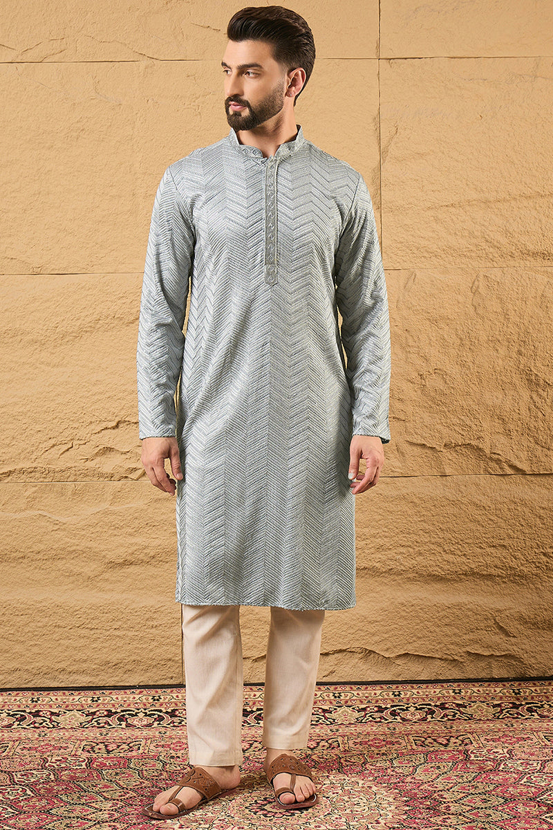 grey viscose rayon solid embroidered straight kurta
