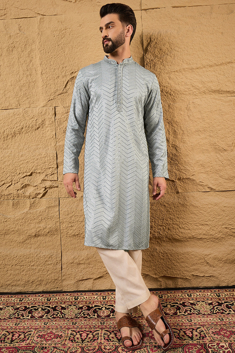 grey viscose rayon solid embroidered straight kurta