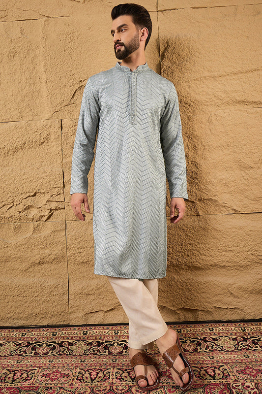 grey viscose rayon solid embroidered straight kurta