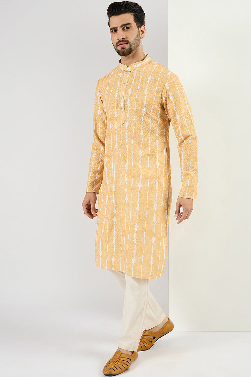 men yellow viscose rayon abstract embroidered chikankari straight kurta