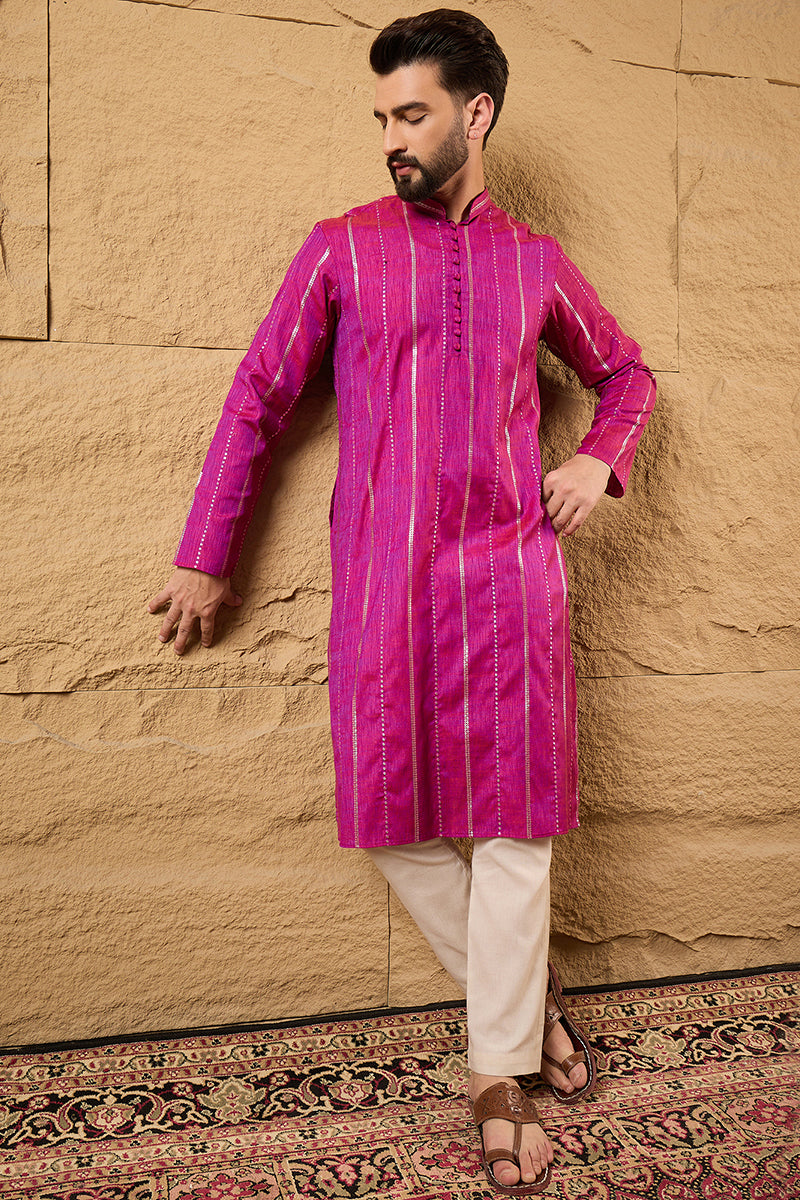 Pink Cotton Solid Embroidered Straight Kurta