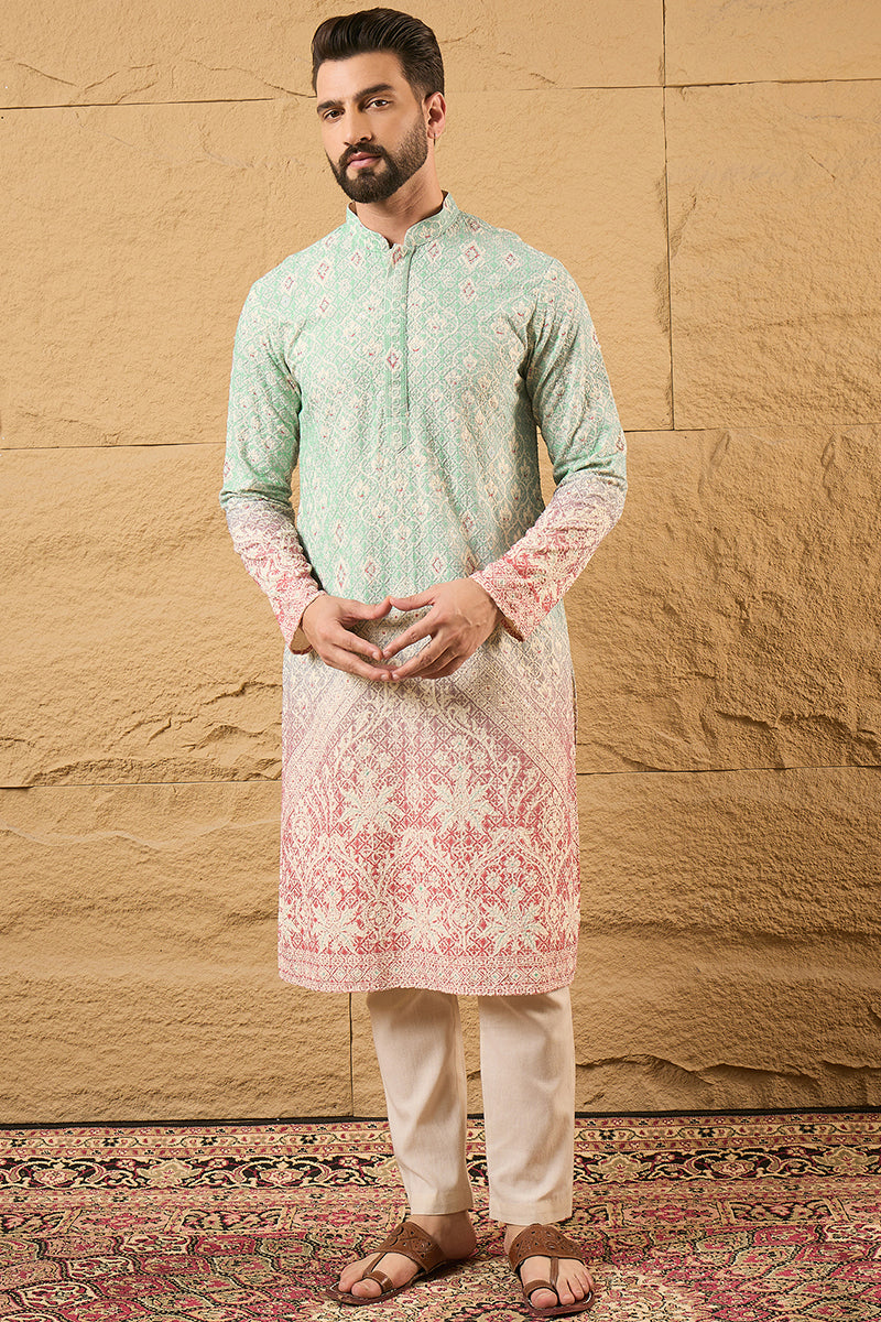 Teal Viscose Rayon Ethnic Motifs Embroidered Straight Kurta