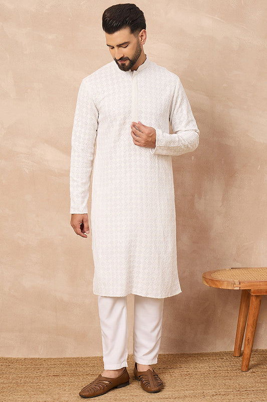 white viscose rayon solid embroidered straight kurta