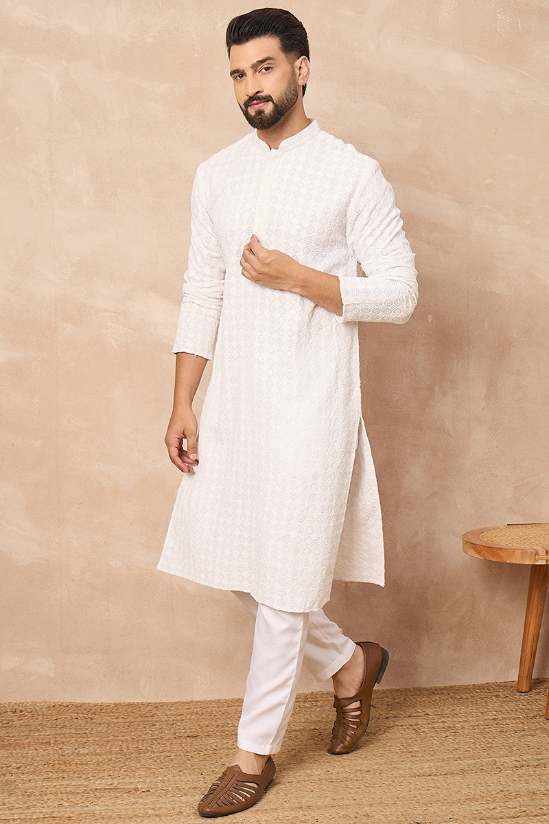white viscose rayon solid embroidered straight kurta