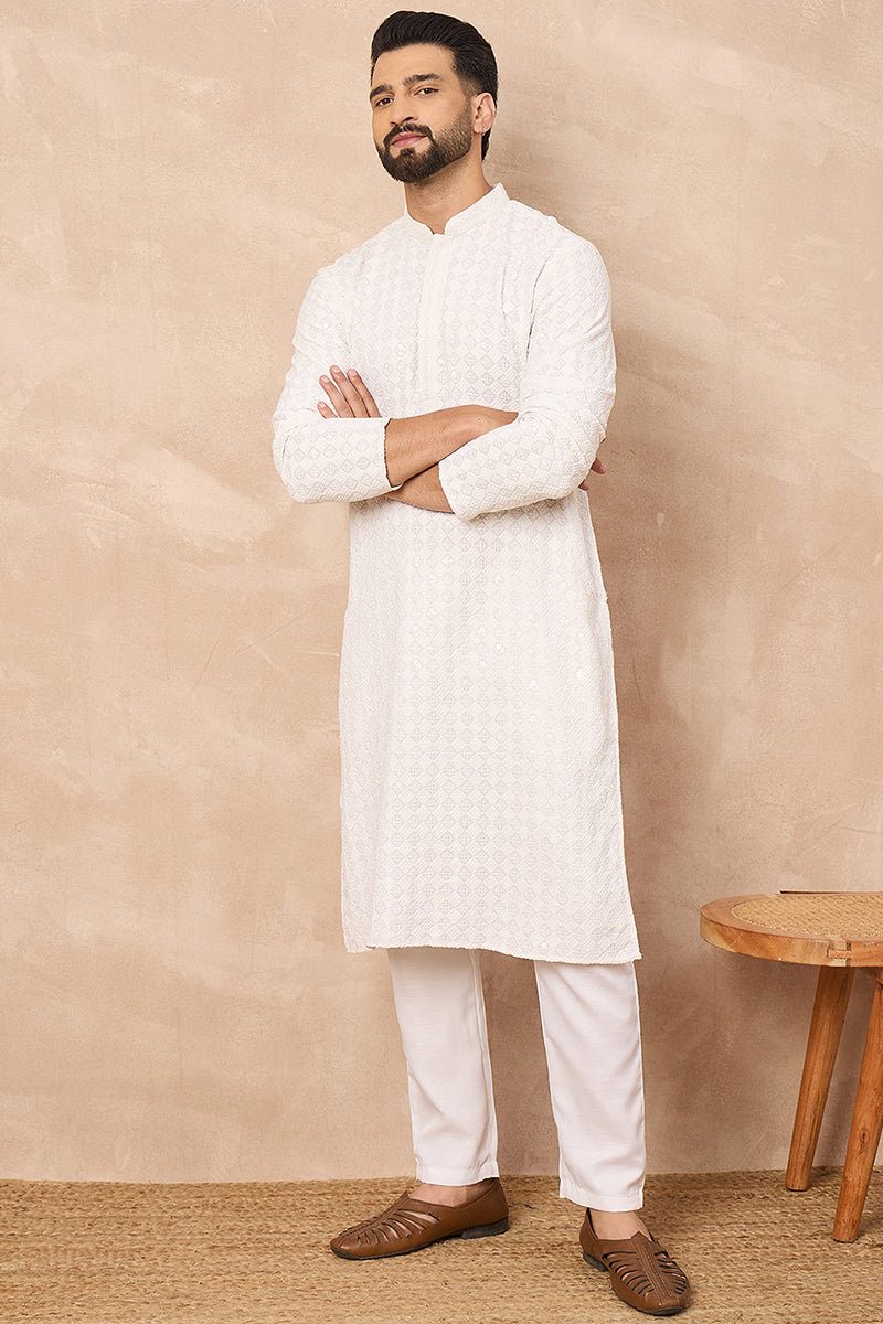 white viscose rayon solid embroidered straight kurta