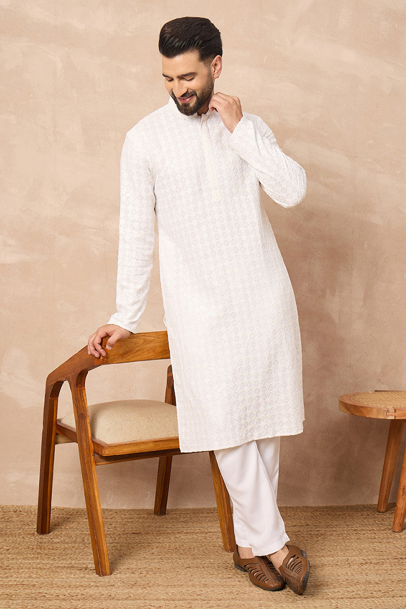 white viscose rayon solid embroidered straight kurta