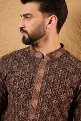 mens brown viscose rayon ethnic motifs embroidered chikankari straight kurta with pant set