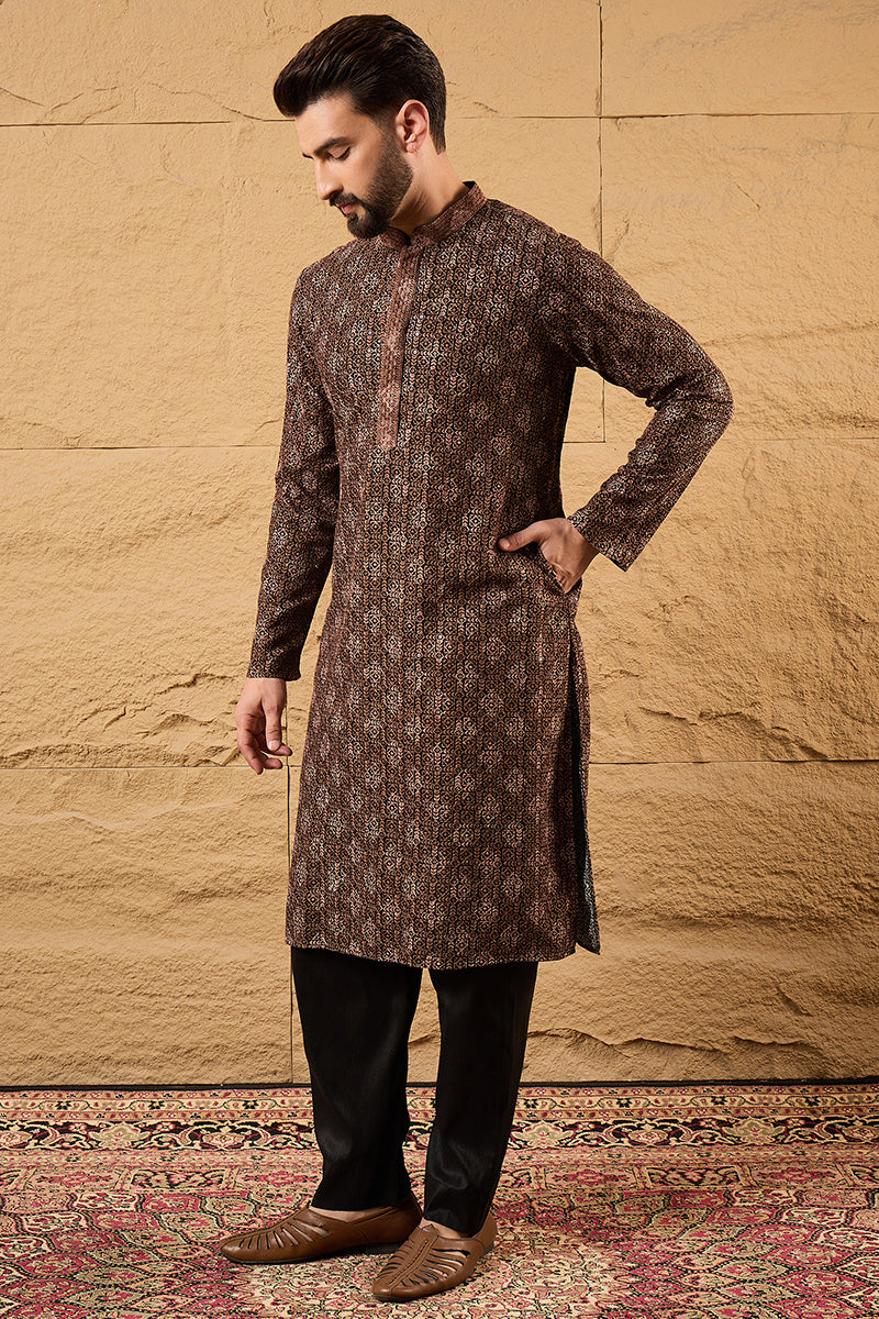 Brown Viscose Rayon Ethnic Motifs Embroidered Chikankari Straight Kurta MKU1164