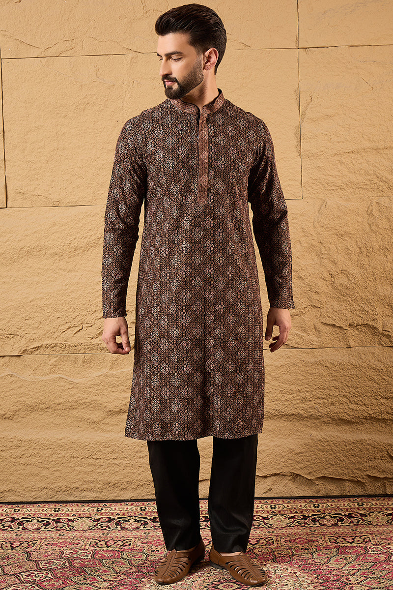 Brown Viscose Rayon Ethnic Motifs Embroidered Chikankari Straight Kurta