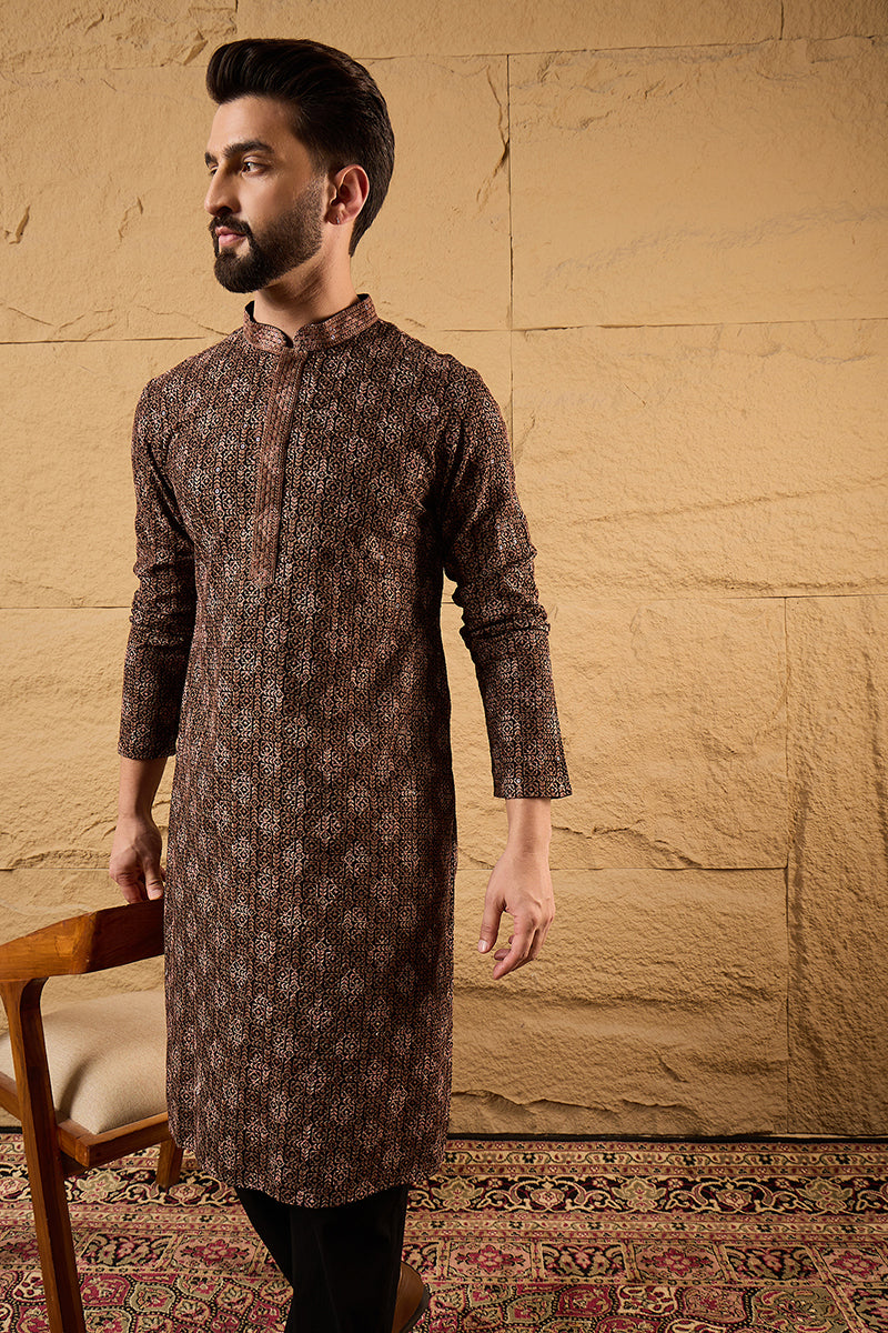 mens brown viscose rayon ethnic motifs embroidered chikankari straight kurta with pant set