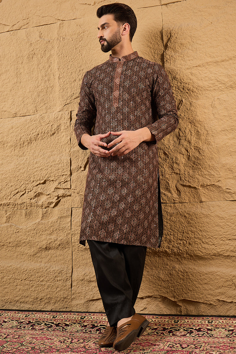 mens brown viscose rayon ethnic motifs embroidered chikankari straight kurta with pant set
