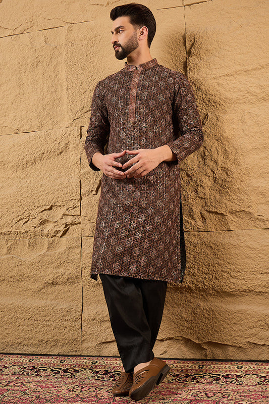 mens brown viscose rayon ethnic motifs embroidered chikankari straight kurta with pant set