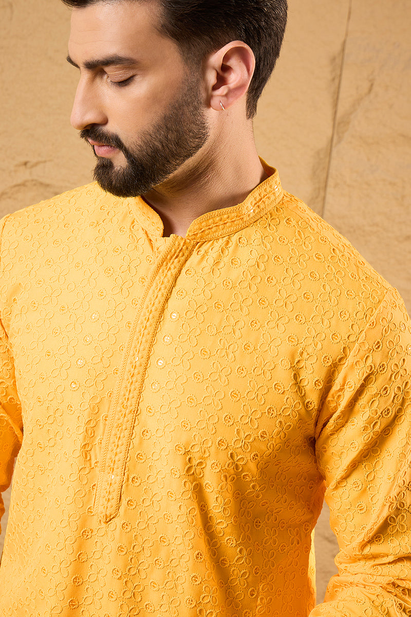 Yellow Viscose Rayon Embroidered Chikankari Straight Kurta MKU1186