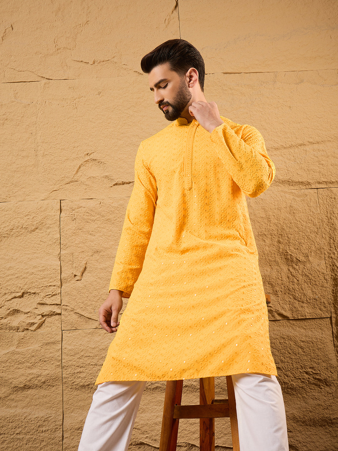 Yellow Viscose Rayon Embroidered Chikankari Straight Kurta MKU1186