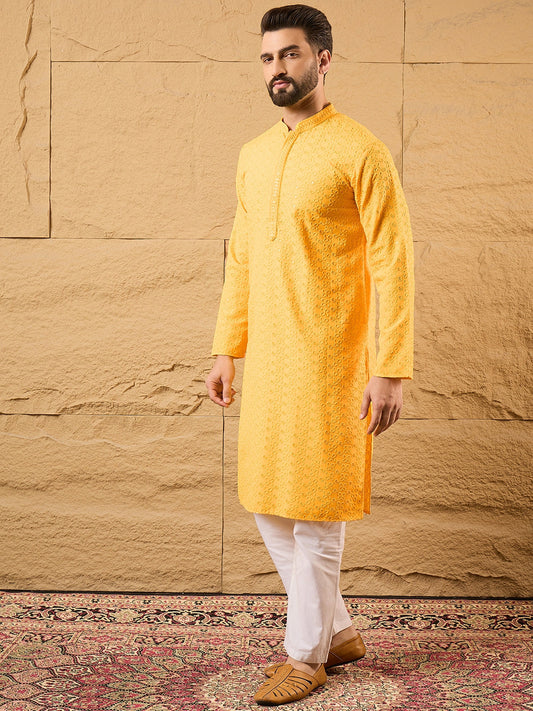 Yellow Viscose Rayon Embroidered Chikankari Straight Kurta MKU1186