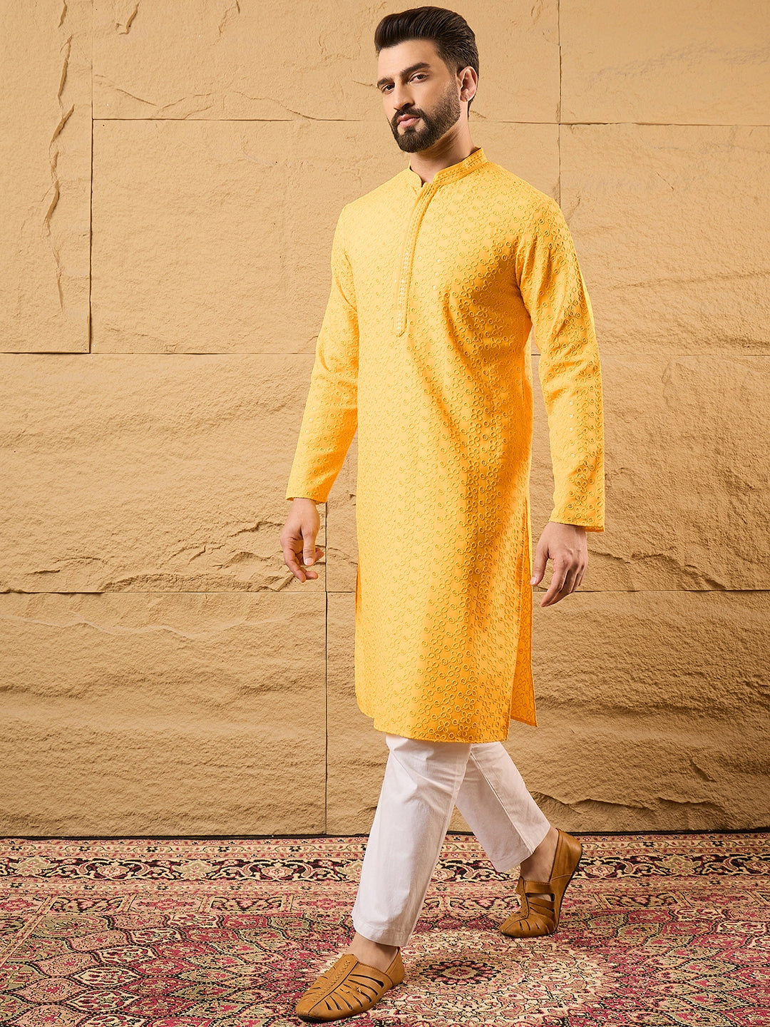 Yellow Viscose Rayon Embroidered Chikankari Straight Kurta