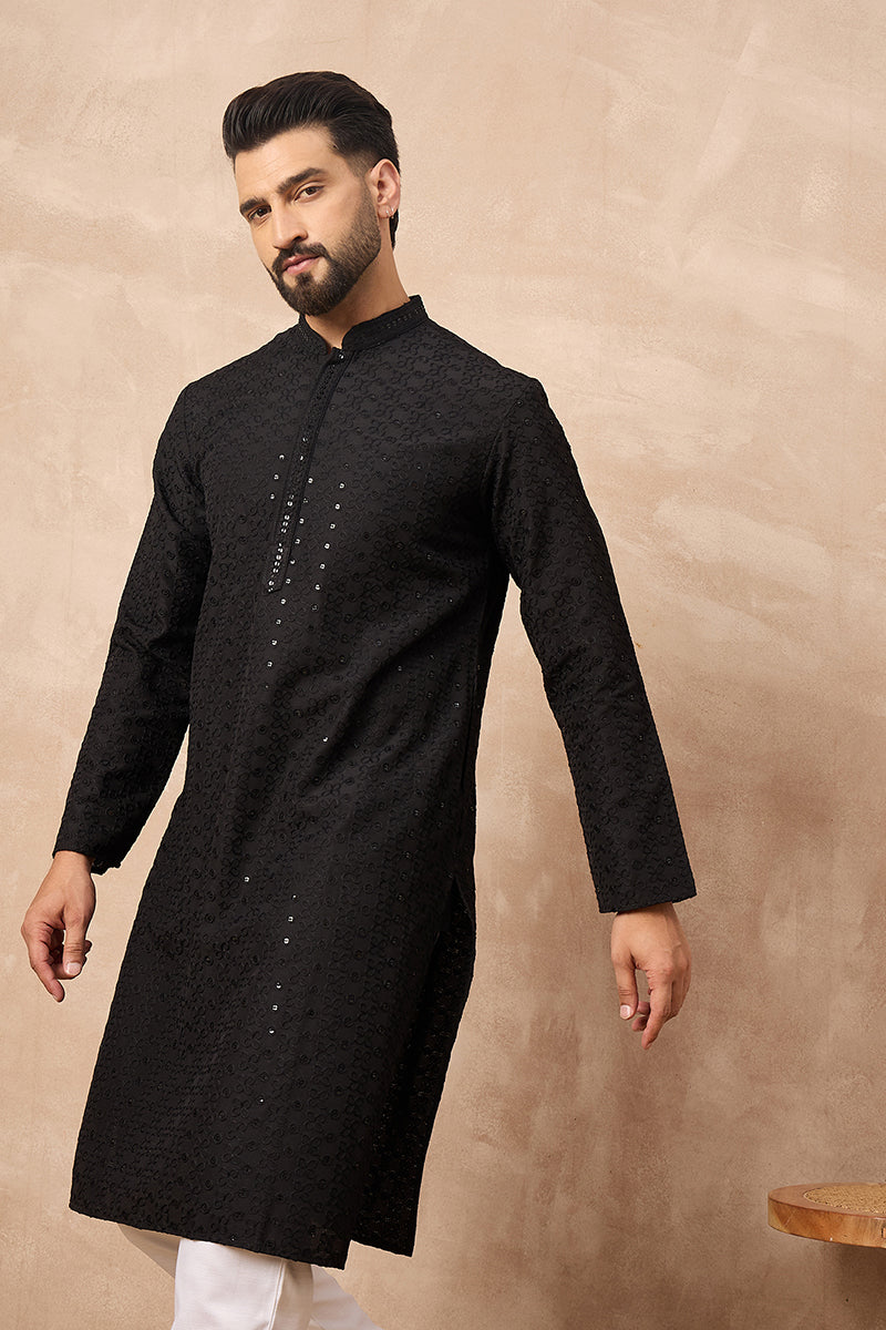 black viscose rayon solid embroidered straight kurta