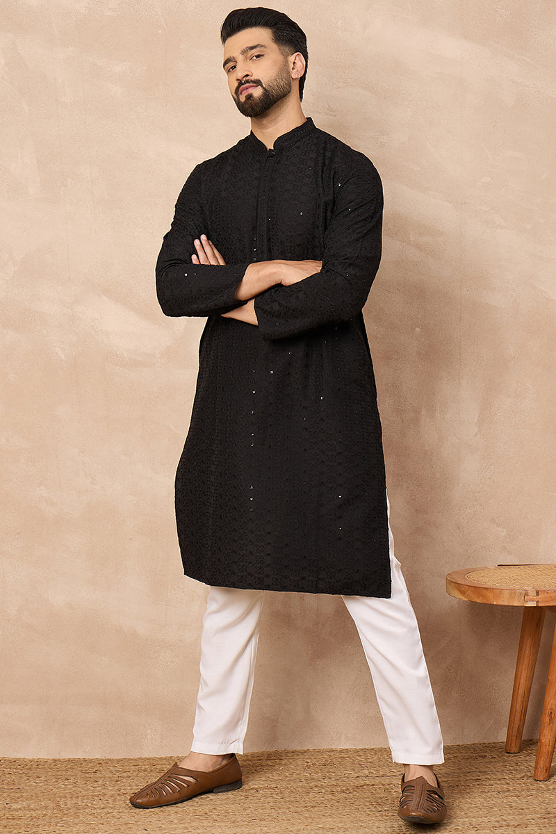 black viscose rayon solid embroidered straight kurta