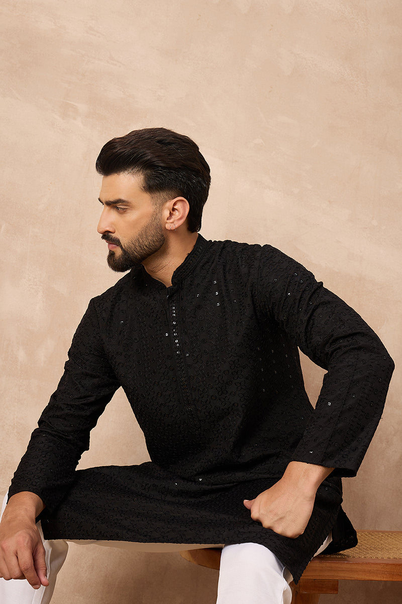 black viscose rayon solid embroidered straight kurta