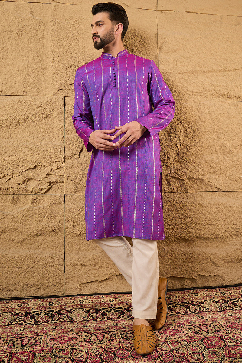 Purple Cotton Solid Embroidered Straight Kurta