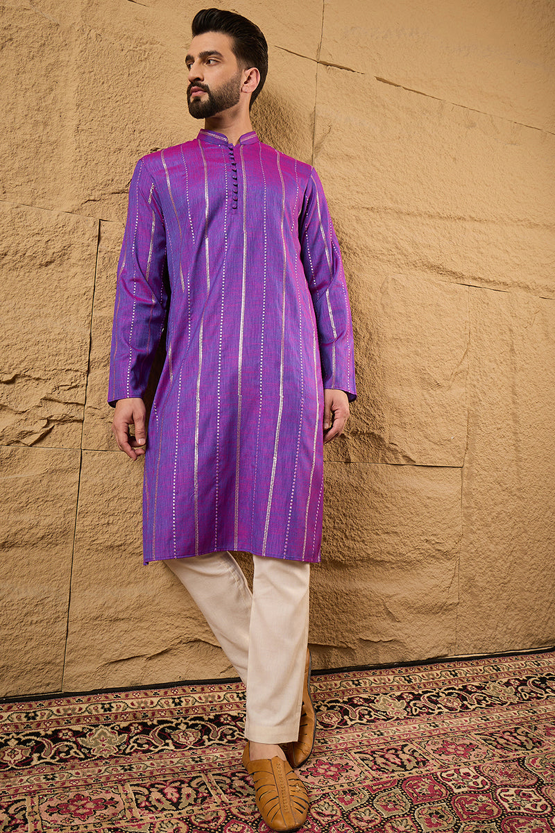 Purple Cotton Solid Embroidered Straight Kurta