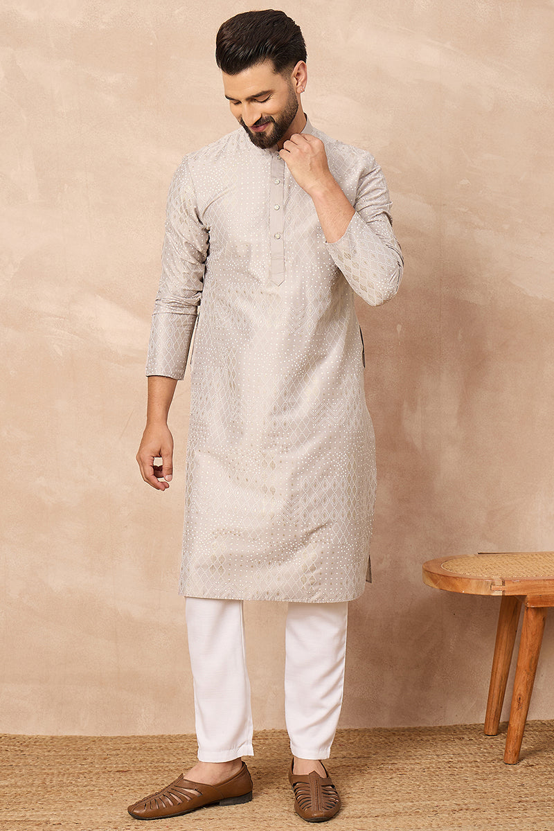 Grey Silk Geometric Printed Straight Kurta