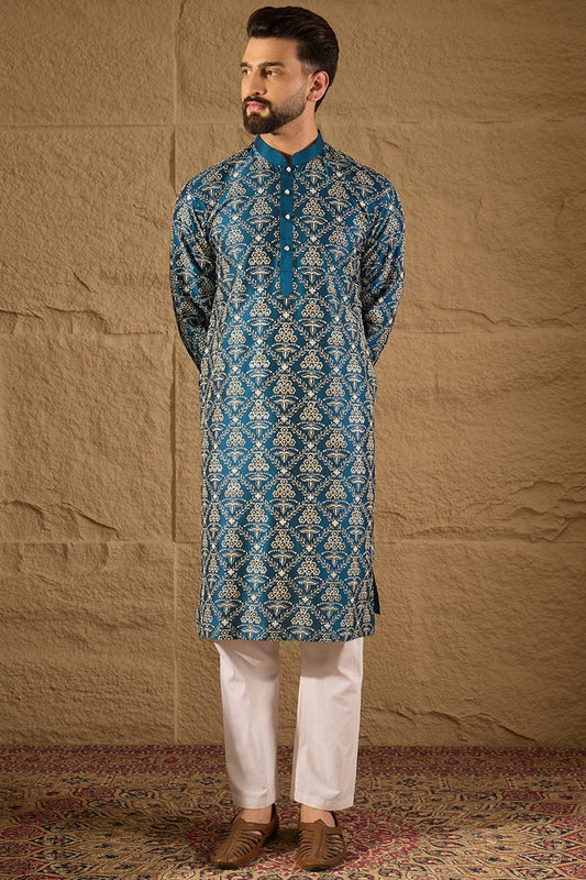 Blue Pure Silk Floral Printed Straight Kurta with Trouser MKSET1273
