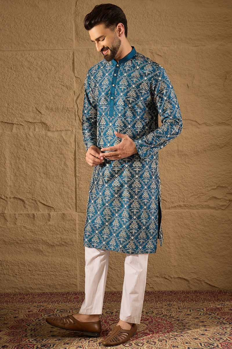 Blue Silk Printed Straight Kurta