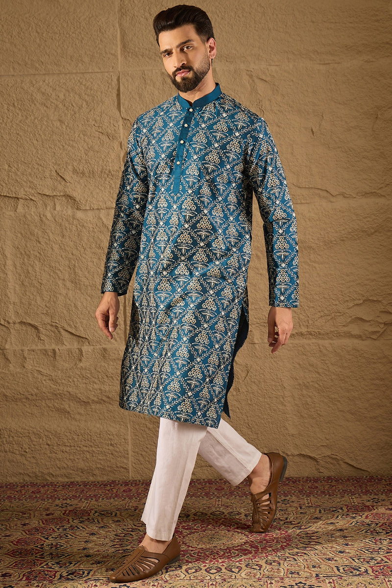 Blue Silk Printed Straight Kurta