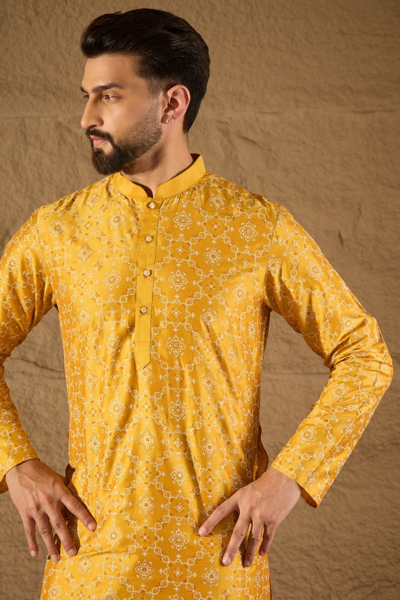 yellow silk geometric printed straight kurta