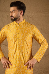 yellow silk geometric printed straight kurta