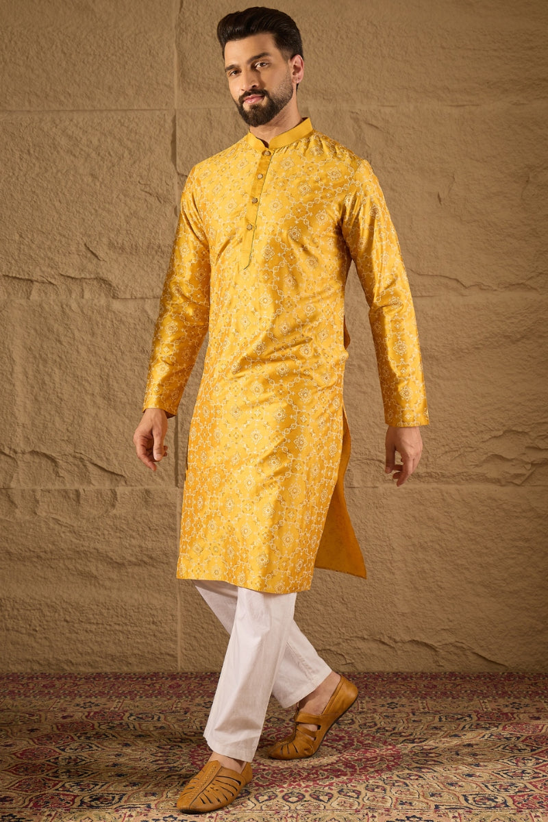 yellow silk geometric printed straight kurta