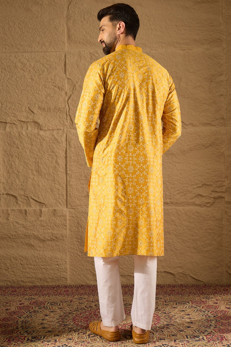 yellow silk geometric printed straight kurta