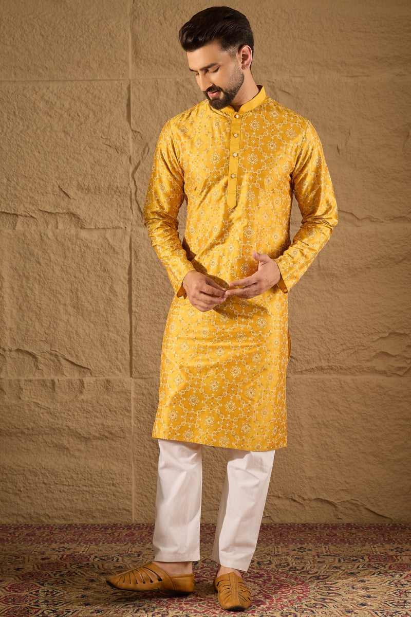 yellow silk geometric printed straight kurta