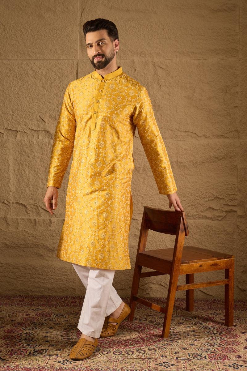 yellow silk geometric printed straight kurta