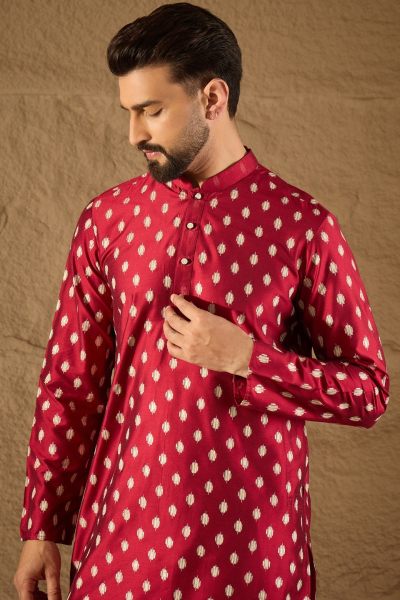 Maroon Silk Ikat Printed Straight Kurta With Pant Set MKSET1281