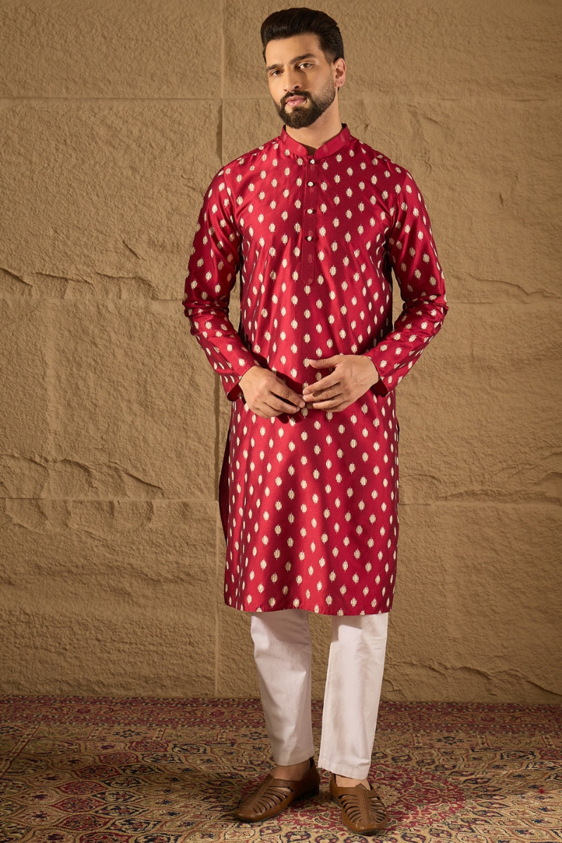 Maroon Silk Ikat Printed Straight Kurta With Pant Set MKSET1281