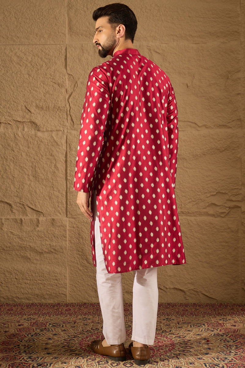 Maroon Silk Ikat Printed Straight Kurta With Pant Set MKSET1281