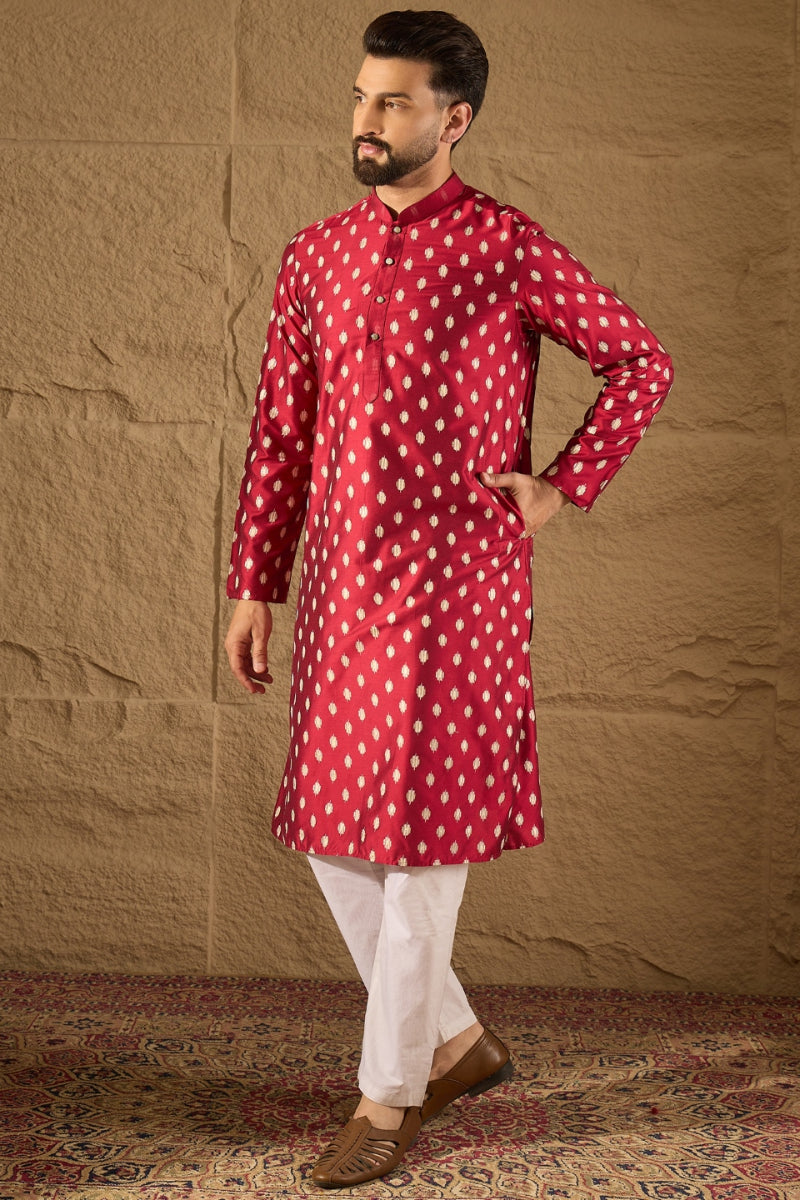 Maroon Silk Ikat Printed Straight Kurta With Pant Set