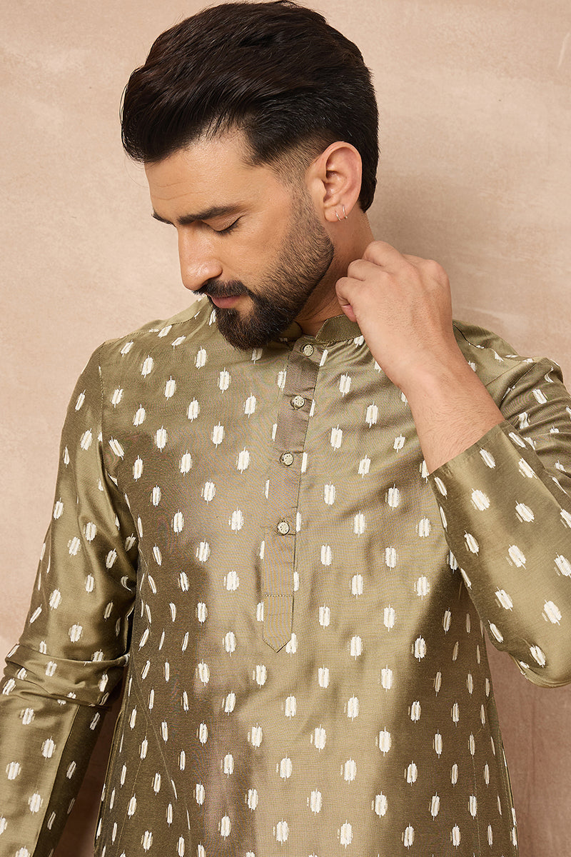Olive Silk Ikat Printed Straight Kurta