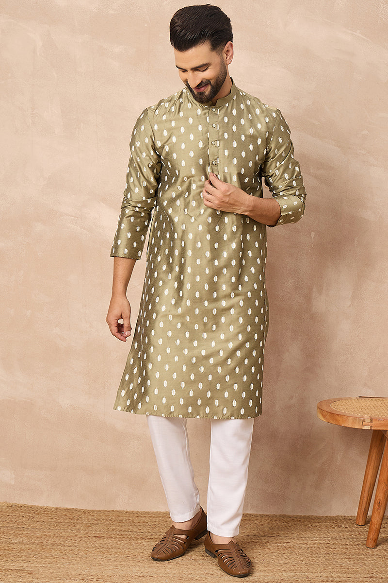 Olive Silk Ikat Printed Straight Kurta